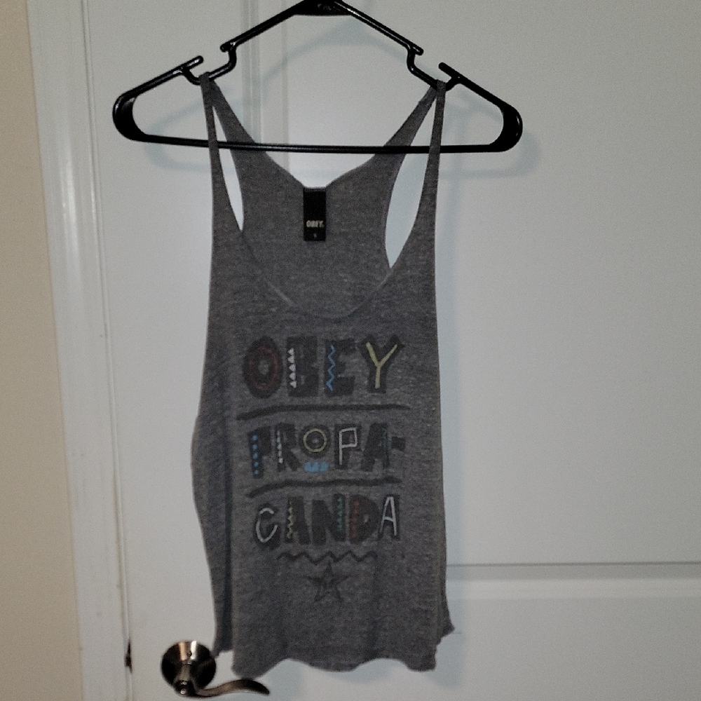 Obey Gray Graphic Crop Tank Top